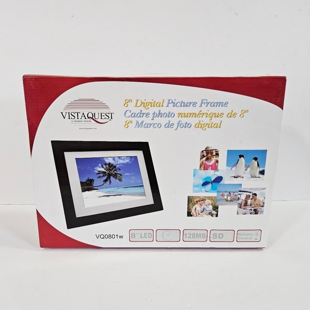 NIB VistaQuest VQ0801W 8" Remote Control Digital Picture Frame Black In Box